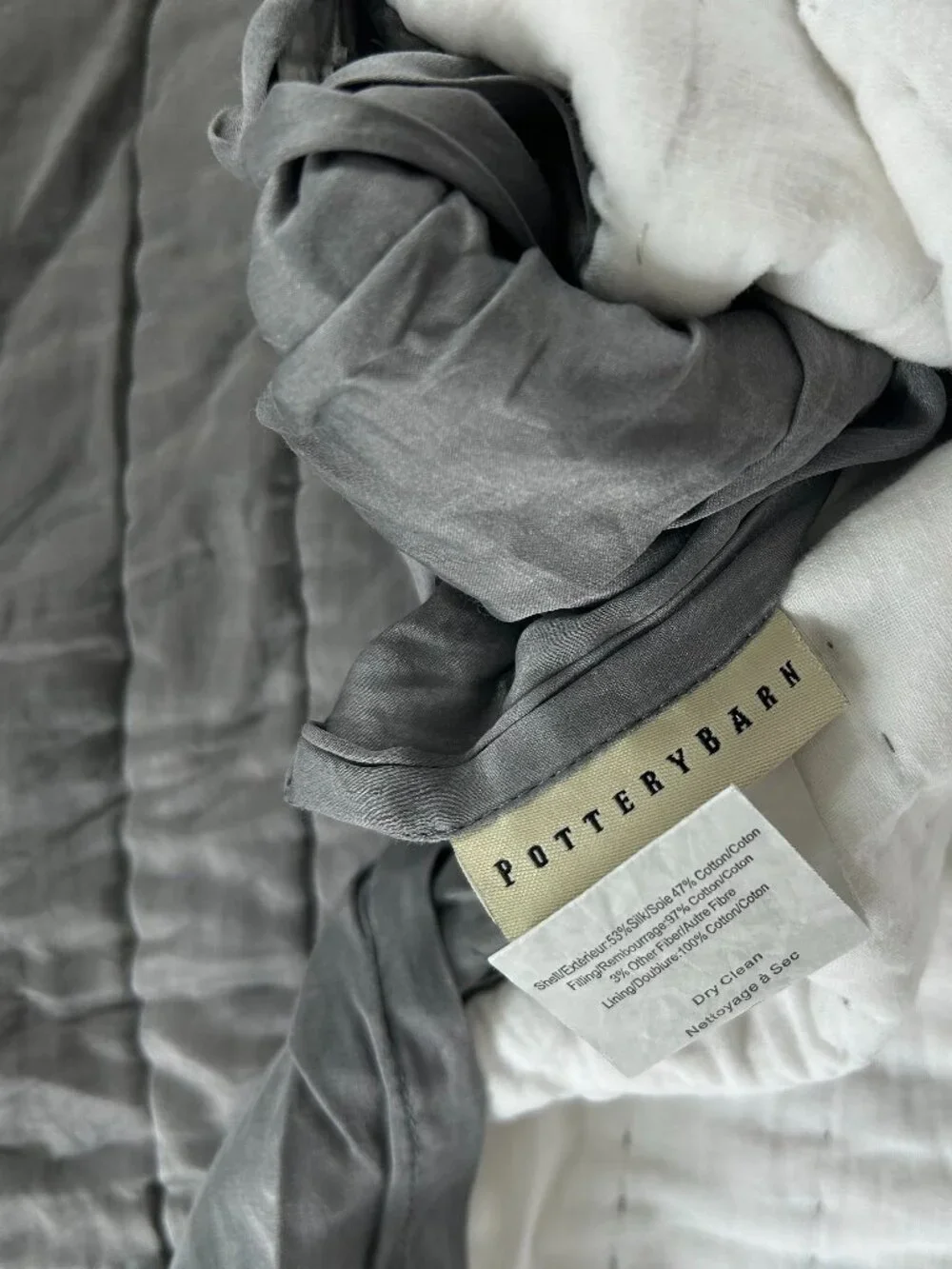 Pottery Barn Gray Mist Cotton Silk Channel Quilt & Shams (2) Euro Size 26X26